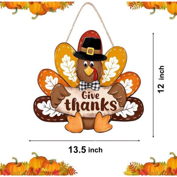 Thanksgiving Give Thanks Turkey Front Door Sign, Fall Wooden Thankful Wreath - Picture 3 of 8